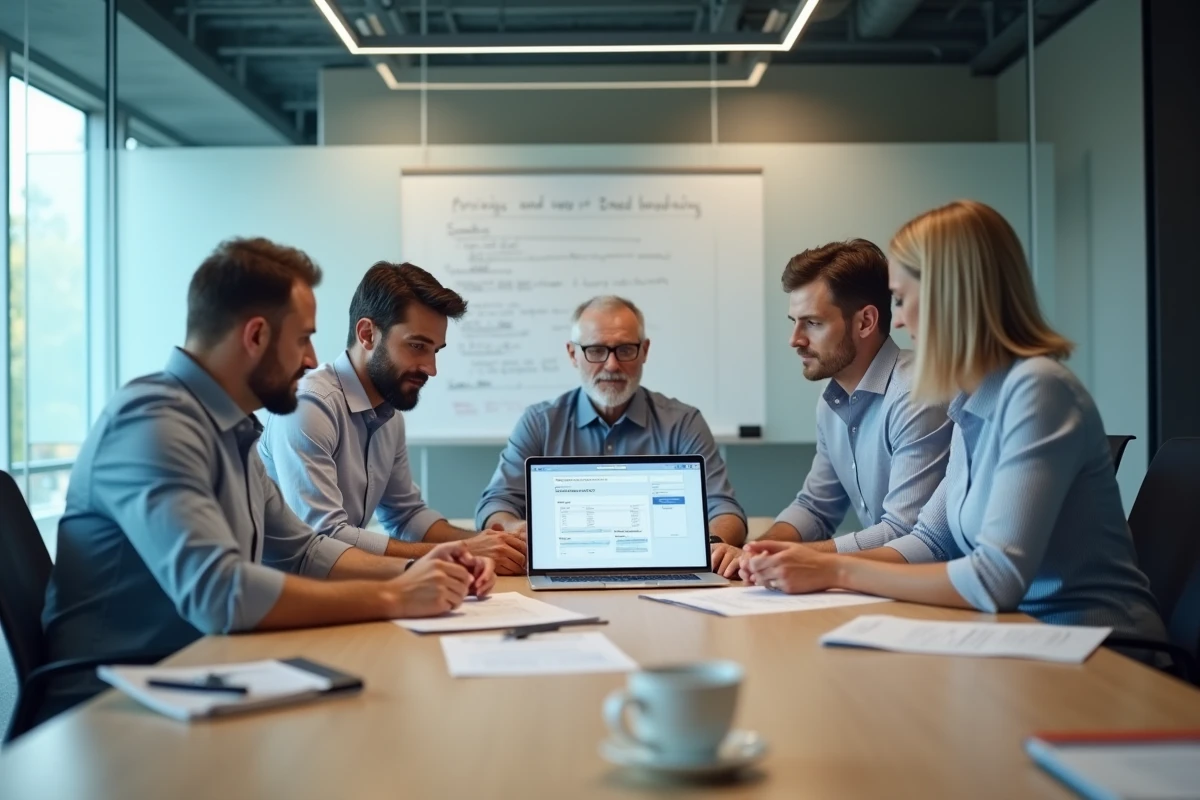 Équipe de comptables en formation lors du déploiement d'un logiciel de comptabilité en salle de réunion