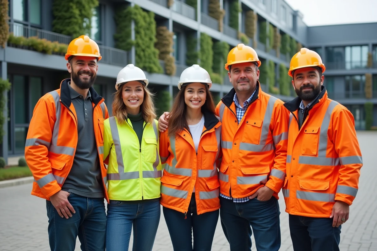 Groupe de travailleurs industriels devant une usine moderne
