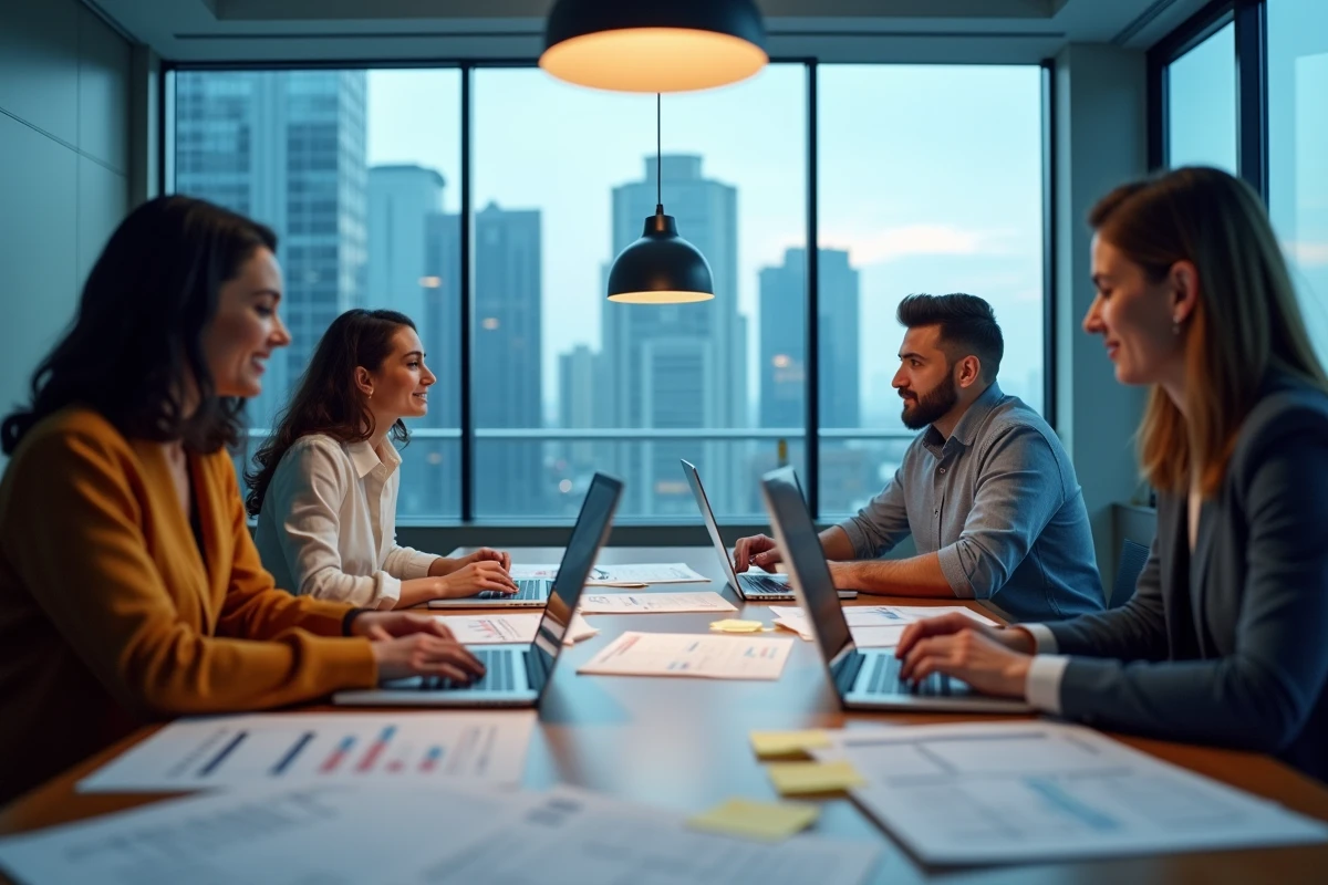 Équipe de direction en réunion collaborant sur un système ERP centralisé affiché sur laptops et écran mural en salle de conférence