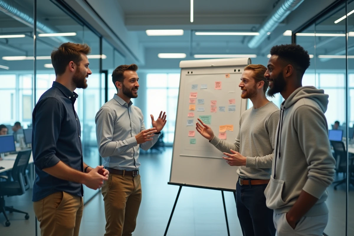 Équipe de jeunes professionnels en réunion dans une salle vitrée de l'incubateur Station F à Paris