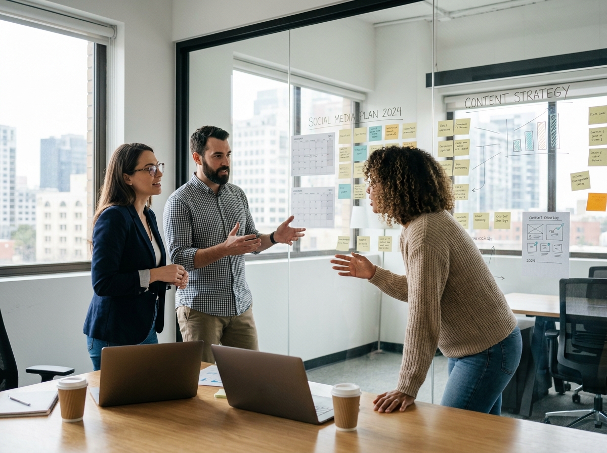 Une équipe de professionnels collabore autour d'un tableau blanc pour élaborer une stratégie de réseaux sociaux, symbolisant la planification de contenu et la croissance d'entreprise