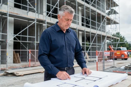 Professionnel du bâtiment consultant des plans d'architecte sur un chantier de construction urbain, illustrant l'évolution de carrière après une habilitation n4p2