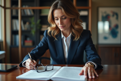 Femme d'affaires en costume lisant un document juridique