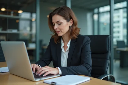 Femme d'affaires concentrée travaillant sur son ordinateur