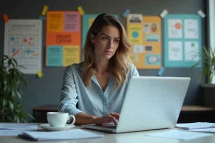 Femme d affaires au bureau créatif avec notes et posters