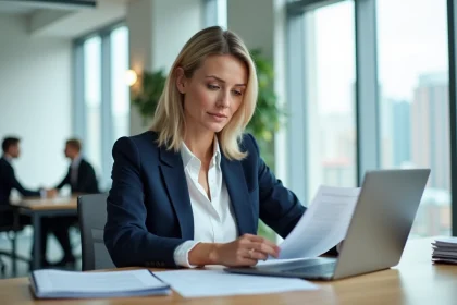 Femme d'affaires consultant des documents administratifs sur son bureau dans un open space moderne