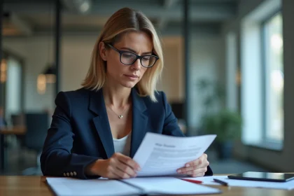 Femme d'affaires en bureau examinant un extrait Kbis