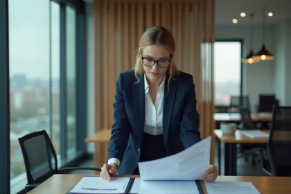 Femme d'affaires en costume bleu dans un bureau moderne