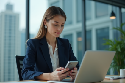 Femme d'affaires en costume navy utilisant ordinateur et smartphone
