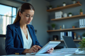 Femme professionnelle analysant des KPI sur une tablette