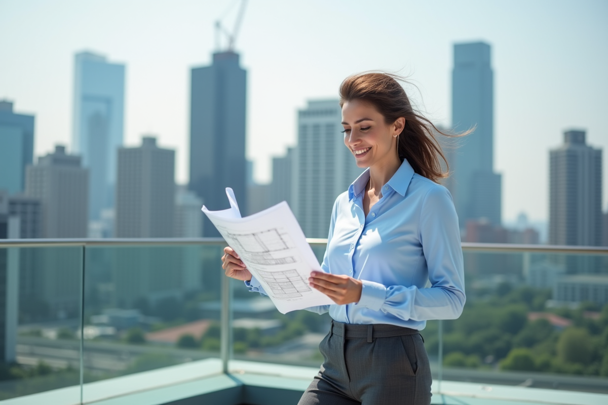 Femme en rooftop avec plans urbains et skyline