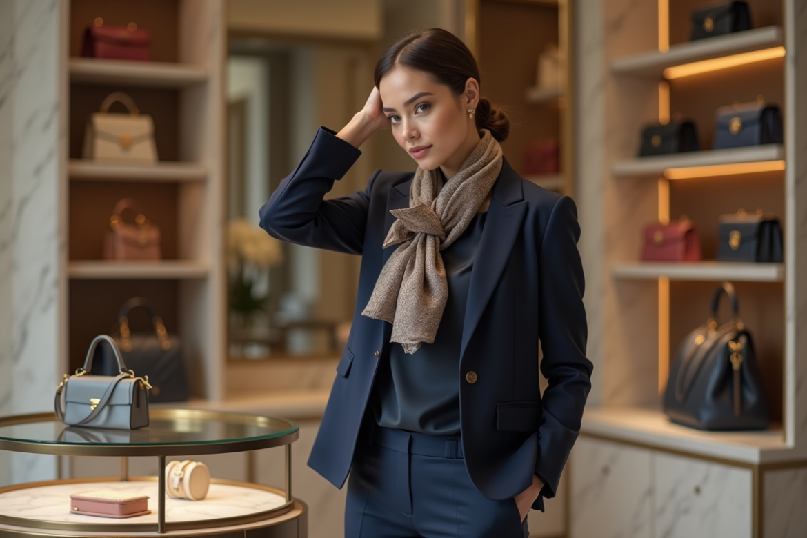 Femme élégante en tailleur ajustant un foulard dans une boutique haut de gamme