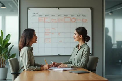 Femme au bureau consultant un calendrier annoté pour calculer des jours ouvrables