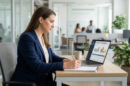 Femme concentrée travaillant sur un ordinateur dans un bureau moderne