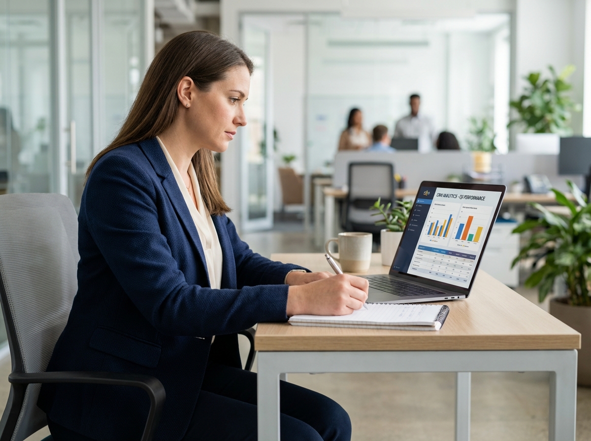 Femme concentrée travaillant sur un ordinateur dans un bureau moderne