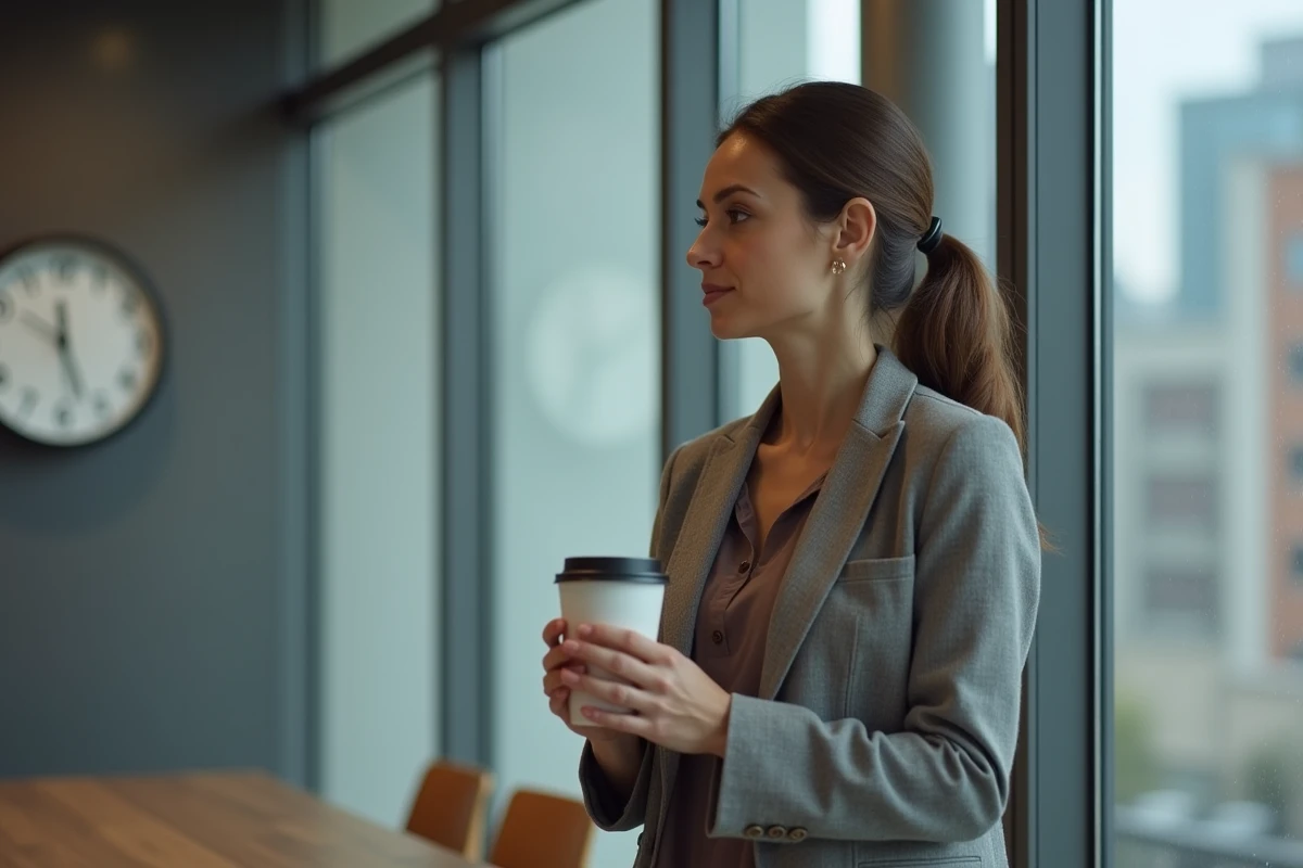 Femme en tenue casual au bureau regardant par la fenêtre