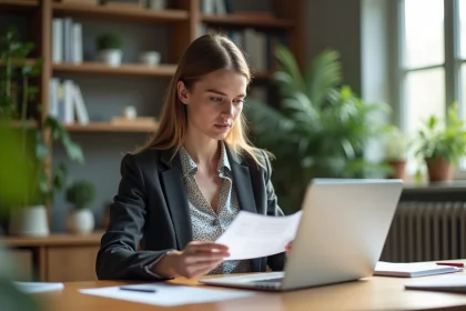 Jeune femme au bureau compare deux documents officiels