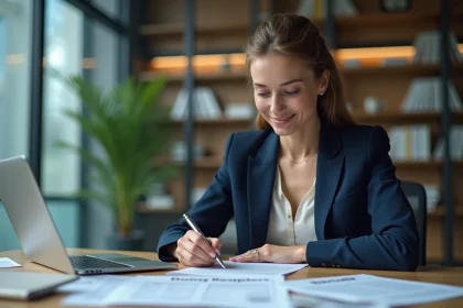 Femme professionnelle au bureau remplissant des formulaires