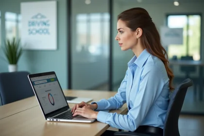Femme au bureau regardant un tableau de gestion de l'auto ecole