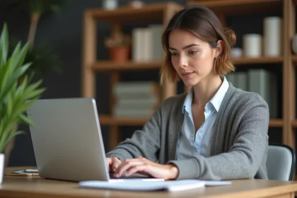 Femme au bureau à domicile regardant son écran d'ordinateur
