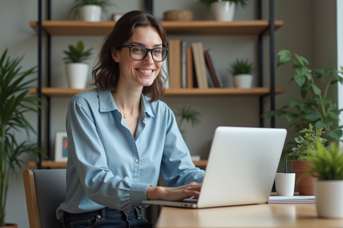 Femme au bureau travaillant sur son ordinateur dans un bureau moderne