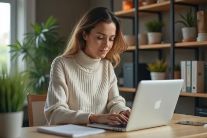 Femme au bureau moderne utilisant un ordinateur portable