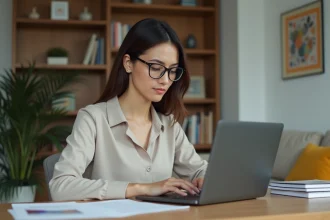 Femme utilisant un ordinateur pour la paie à la maison
