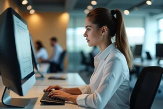 Femme au bureau regardant sa fiche de paie numérique