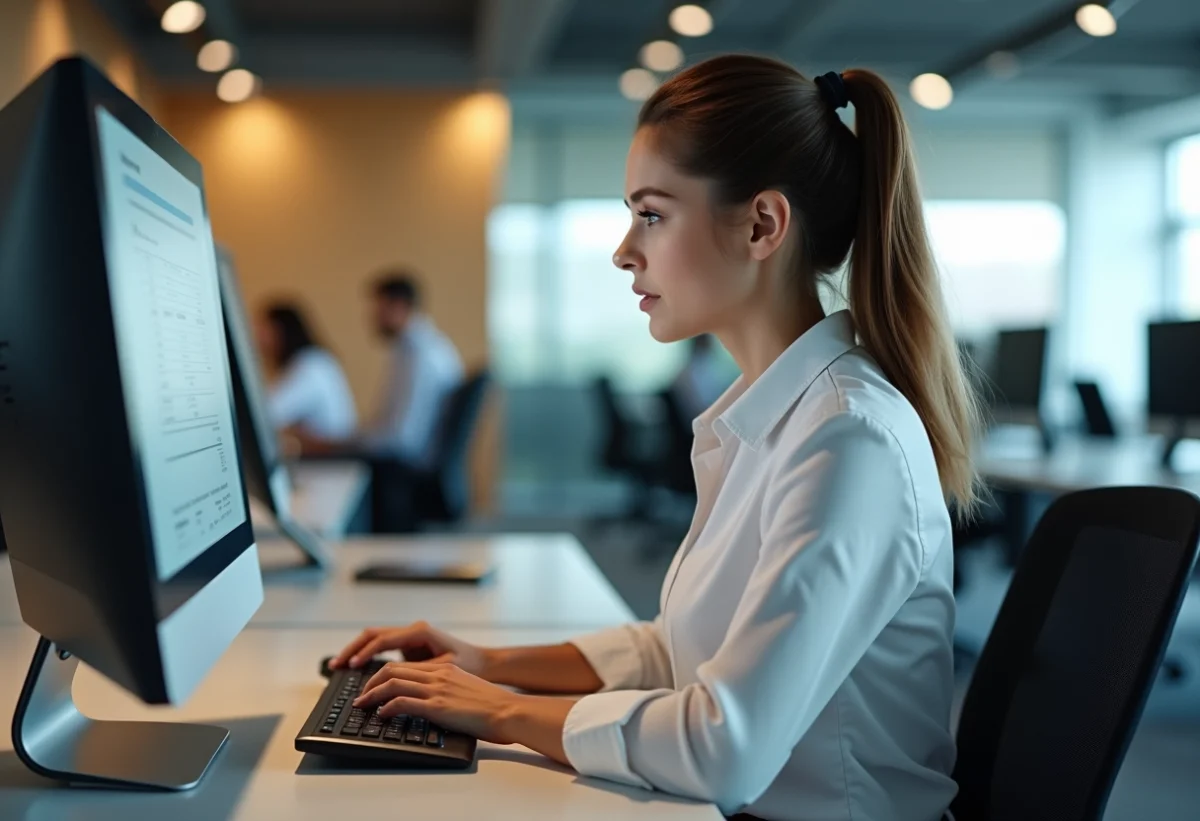 Femme au bureau regardant sa fiche de paie numérique