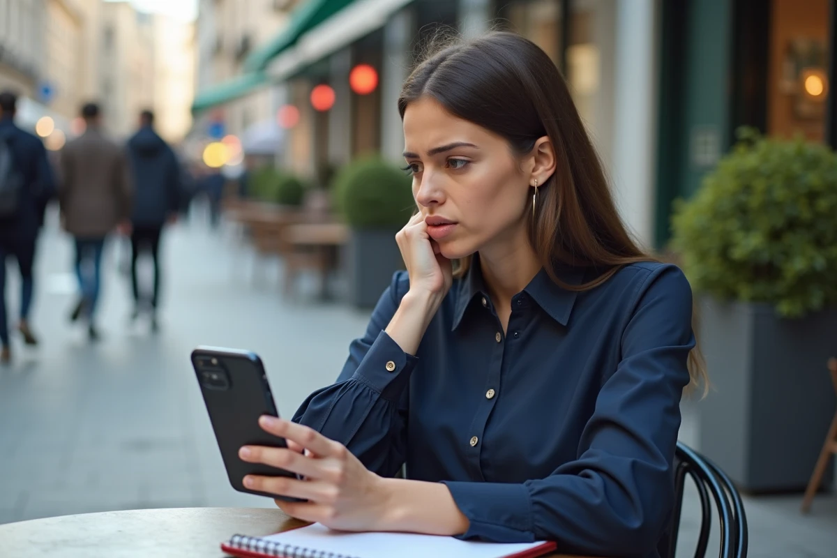 Jeune femme au café examinant un smartphone avec perplexite