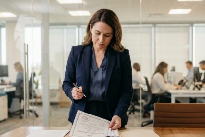 Femme confiante vérifiant un certificat officiel en milieu professionnel