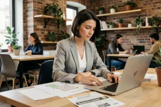 Femme comparant les offres de coworking à Troyes dans un espace de travail partagé moderne