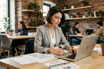 Femme comparant les offres de coworking à Troyes dans un espace de travail partagé moderne
