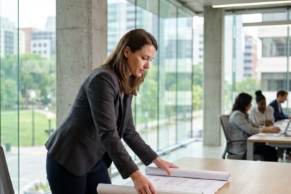 Femme confiante en blazer dans un bureau moderne