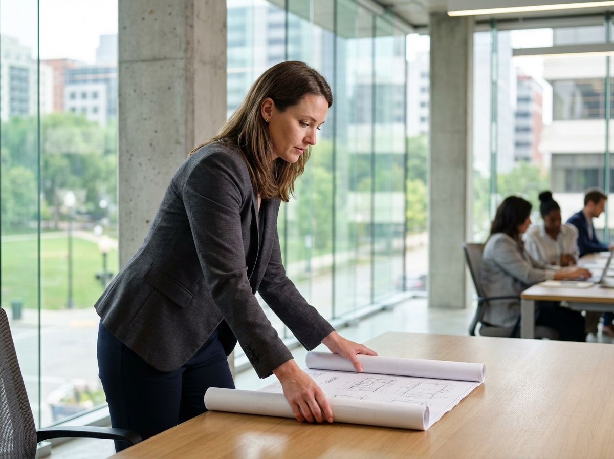 Femme confiante en blazer dans un bureau moderne