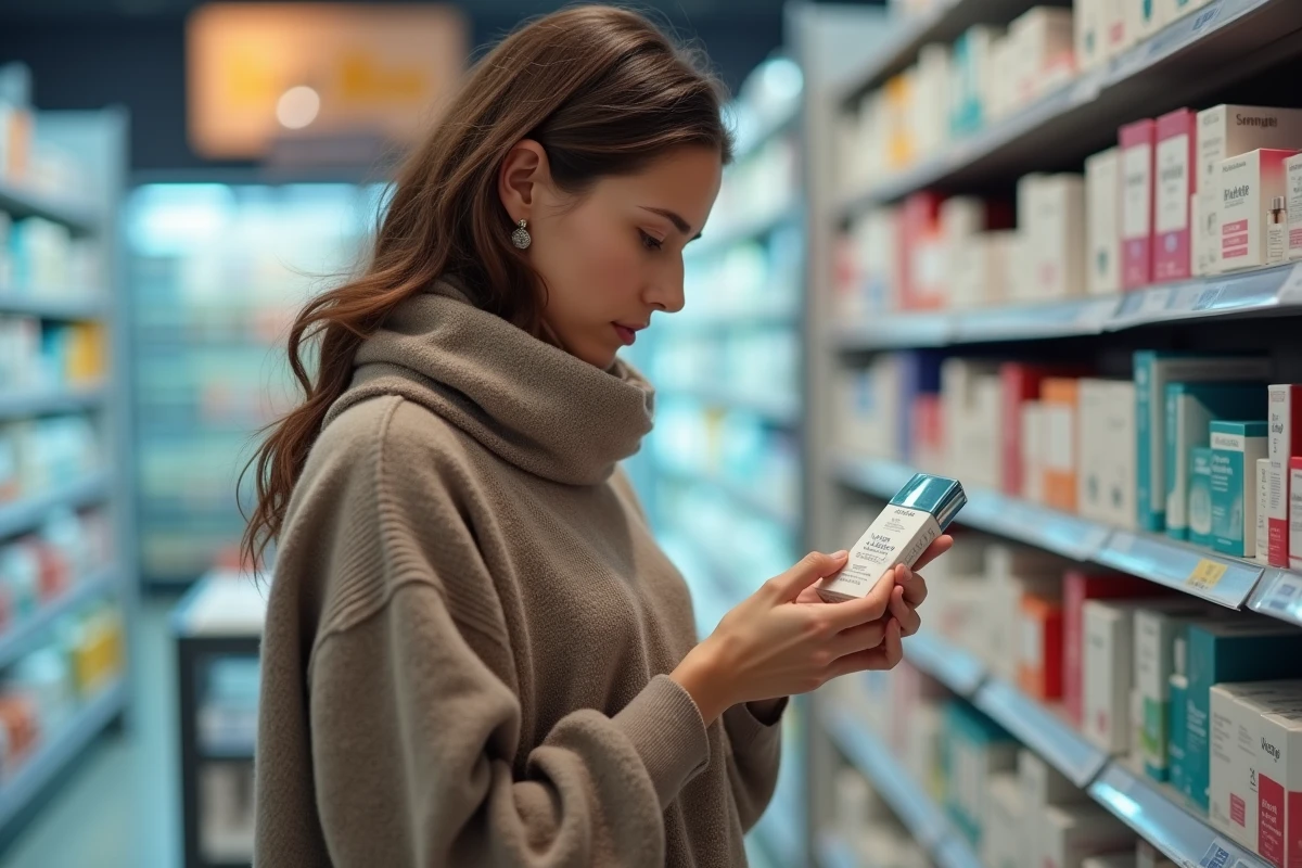 Femme examine un produit de soin en pharmacie