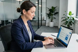 Femme professionnelle consultant ses fiches de paie sécurisées sur un portail RH en ligne au bureau