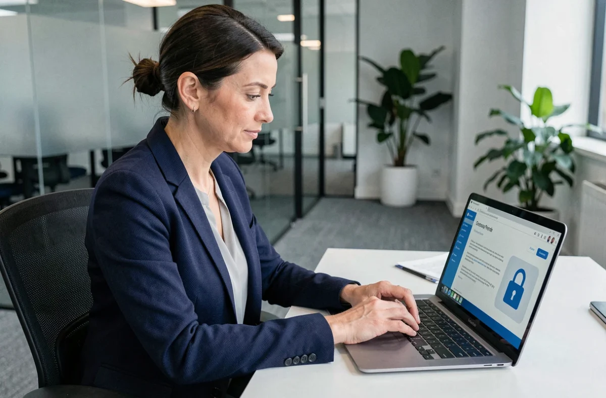 Femme professionnelle consultant ses fiches de paie sécurisées sur un portail RH en ligne au bureau