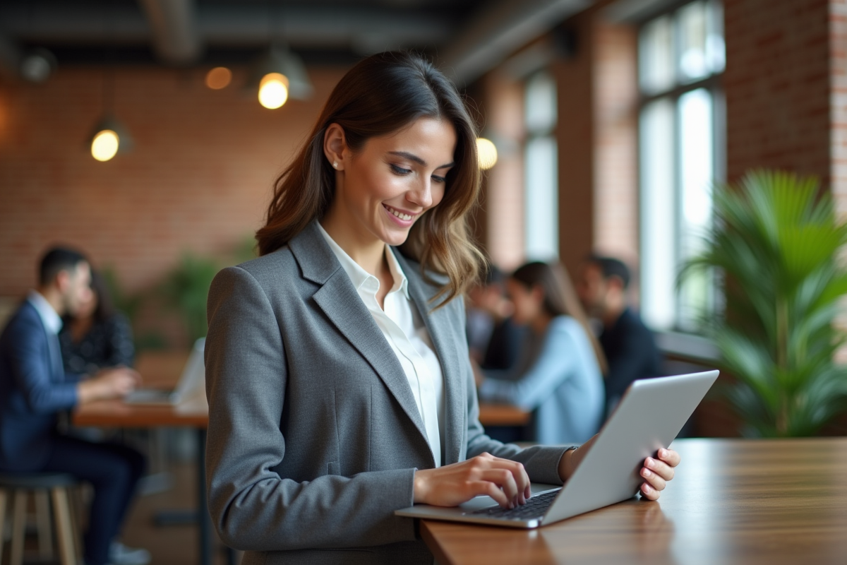 Jeune femme en coworking utilisant une tablette dans un espace dynamique