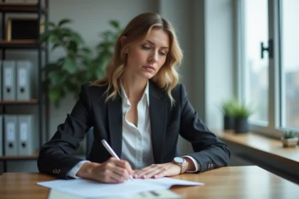 Femme signant une lettre de resignation dans un bureau moderne