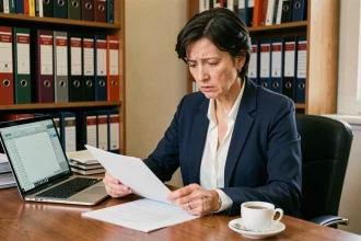 Femme examinant des documents salariaux lors d'une fermeture administrative