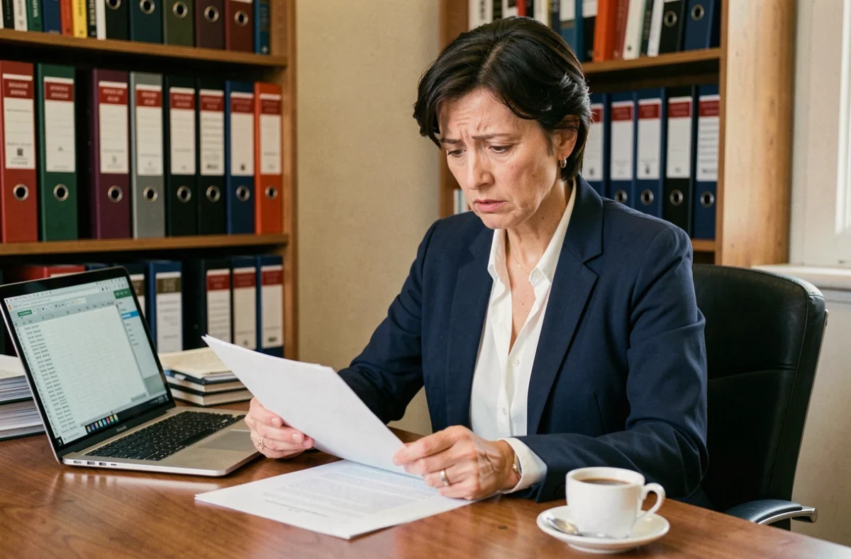 Femme examinant des documents salariaux lors d'une fermeture administrative