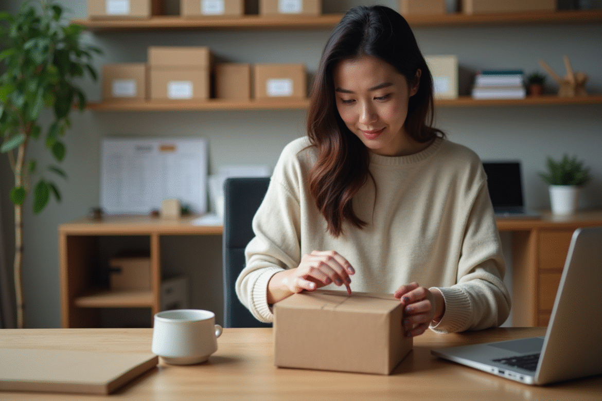 Femme emballant des petits colis à la maison dans un cadre domestique