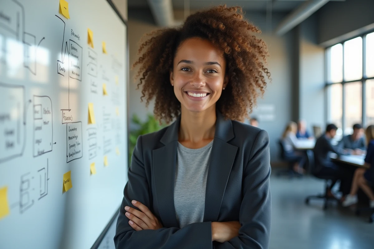 Femme entrepreneur présentant une stratégie commerciale sur un tableau blanc dans un espace de co-working contemporain