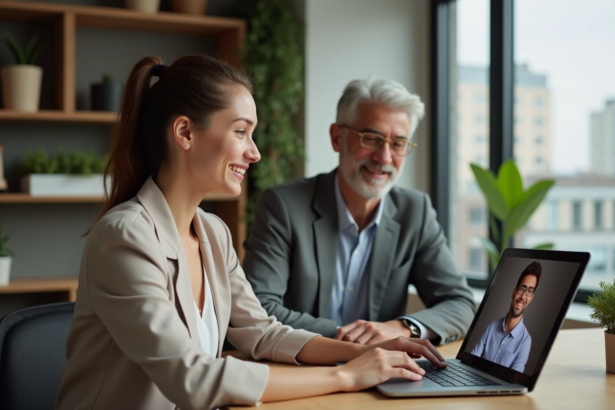 Jeune femme entrepreneure en visioconference avec mentor dans un espace cosy