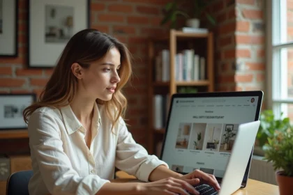 Femme évaluant un site de décoration murale comme Dekortikon sur son ordinateur portable dans un bureau à domicile