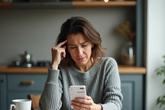 Femme inquiète consultant sa facture SFR en hausse sur son smartphone dans sa cuisine