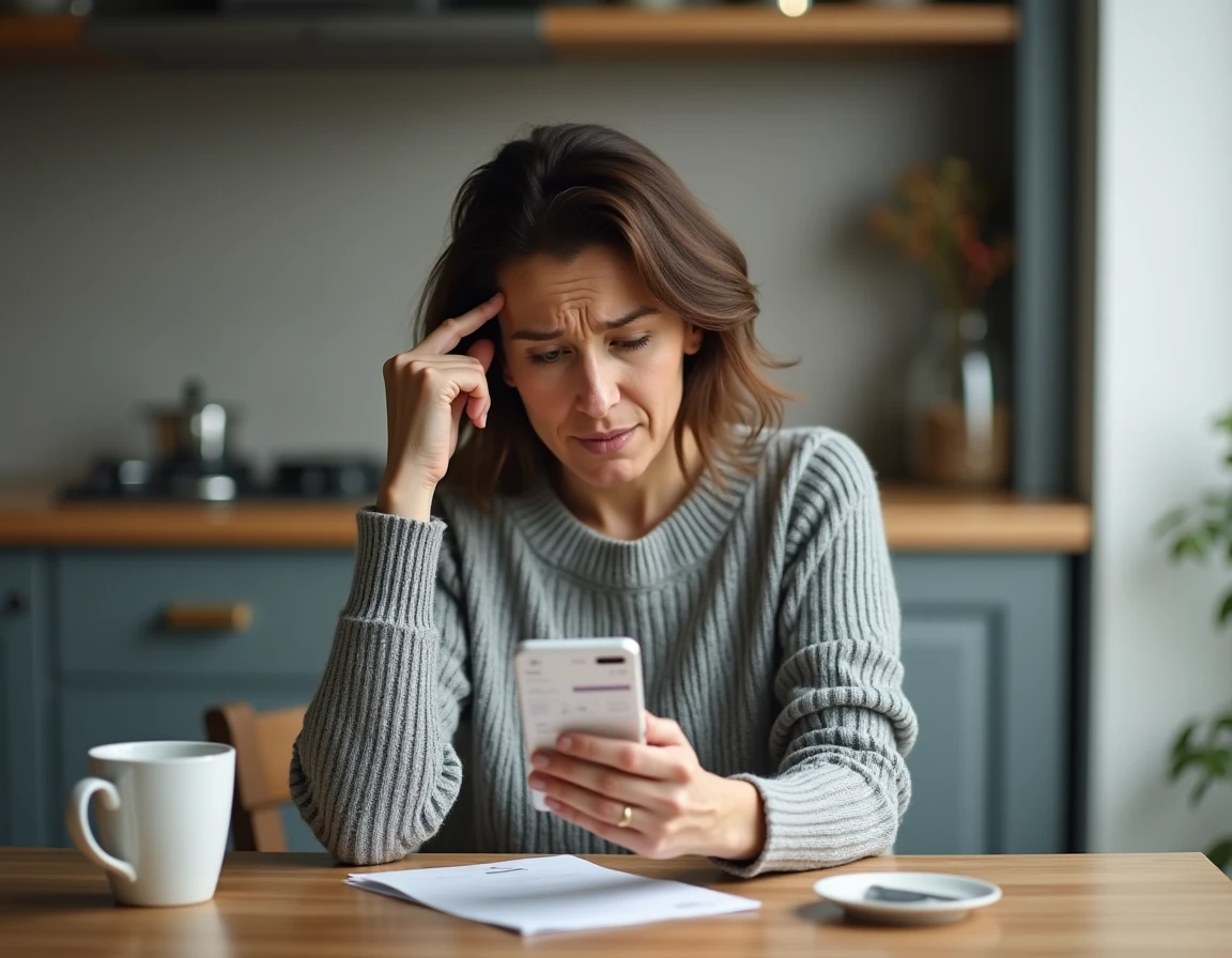 Femme inquiète consultant sa facture SFR en hausse sur son smartphone dans sa cuisine