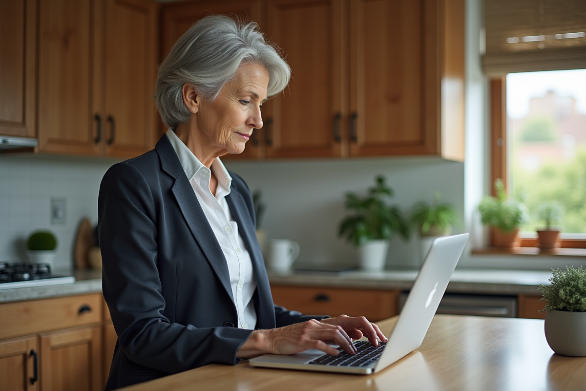 Femme âgée analysant bitcoin sur son ordinateur portable