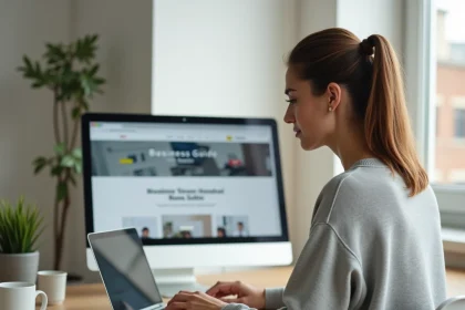 Femme consultant un guide business en ligne sur son ordinateur portable dans un bureau à domicile moderne et épuré